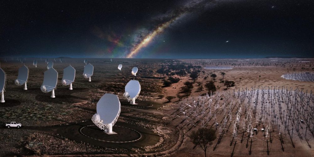 Composite image of the future SKA telescopes, mixing what already exists with artist impressions / SKAO